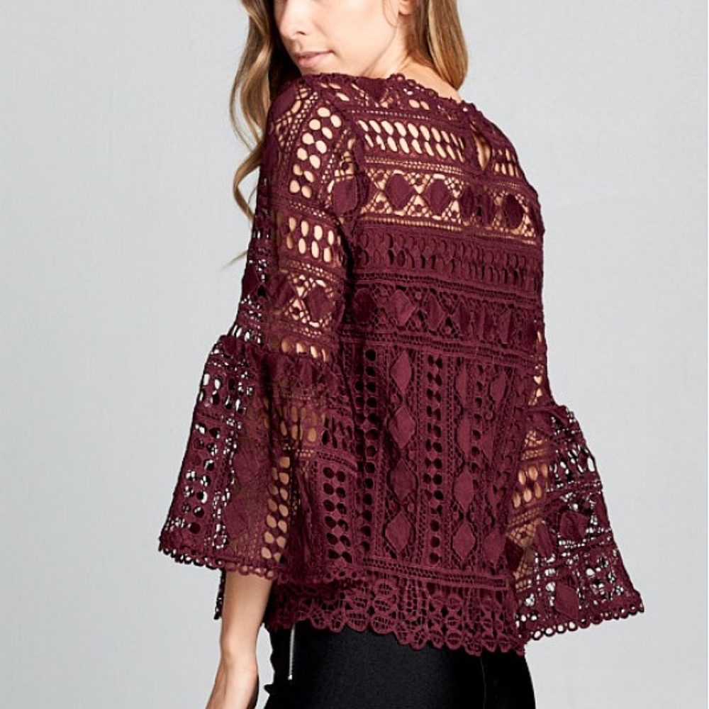 Last 1! NWT Burgundy Lace Top with Bell Sleeves - Picture 5 of 5